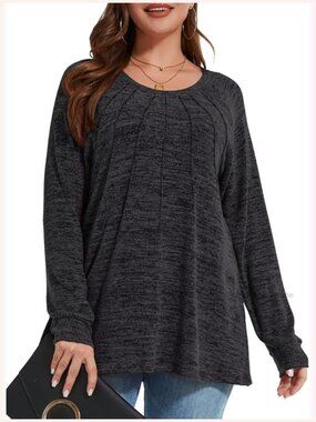Plus Size Tunic Sweater Long Sleeve Crewneck Pleated Blouse Fall